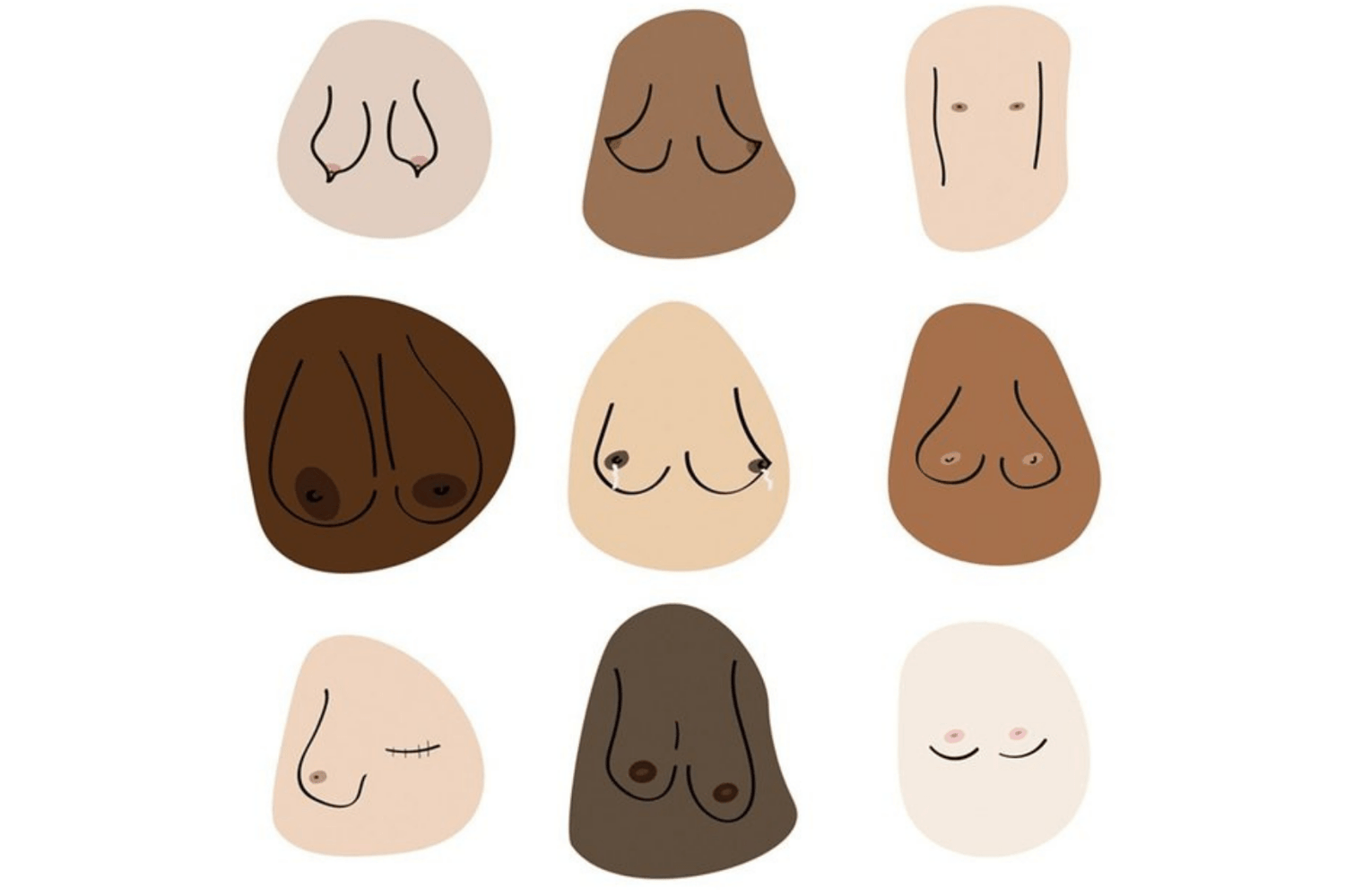 artist illustration of different types and of breasts across skin tones
